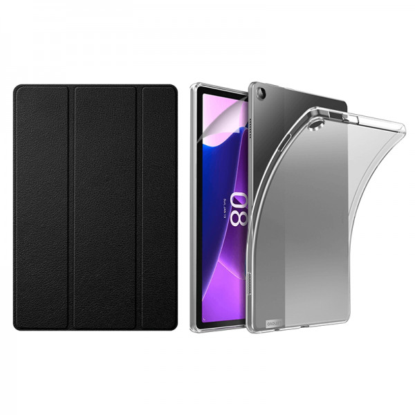 Set 3 in 1 pentru Lenovo Tab M10 Plus (3rd gen) TB128XU 10.6 inch cu husa carte, husa silicon si folie protectie ecran, negru