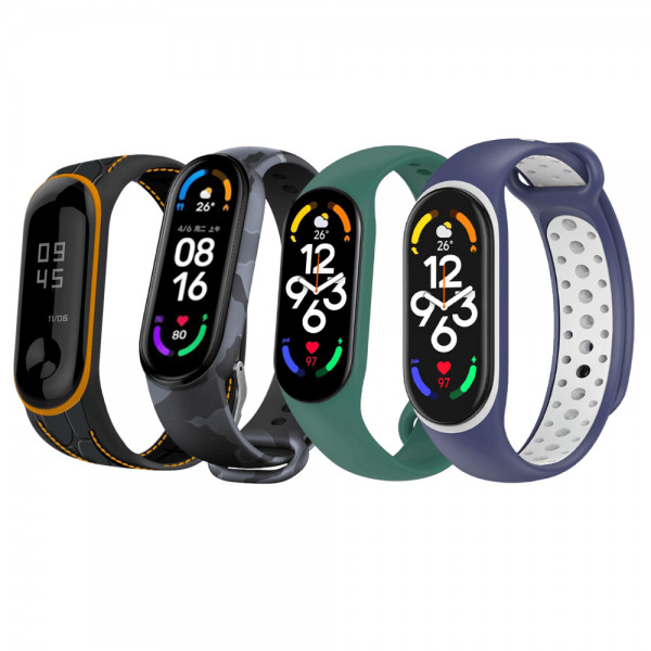 Set 4 curele pentru bratara smartwatch Xiaomi Mi Band 5 / Mi Band 6, silicon, negru, verde, albastru, gri camuflaj