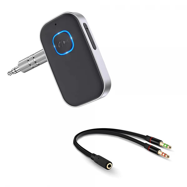 Set adaptor Bluetooth 5.3, Krassus, receiver audio cu port AUX 3.5 mm, cu microfon, pentru sistem audio, masina si cablu splitter audio Jack 3.5 4 pini, negru