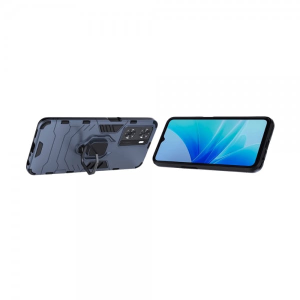 Set protectie 2 in 1 pentru Oppo A57s (4G) cu husa hybrid antisoc cu stand inel si folie sticla ceramica fullsize si breloc cadou, dark blue - 2 | YEO