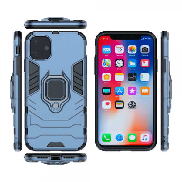 Set protectie 3 in 1 pentru IPHONE 11 cu husa hybrid antisoc cu stand inel, folie sticla ceramica fullsize, 2 folii sticla pentru camera si breloc cadou, dark blue - 3 | YEO