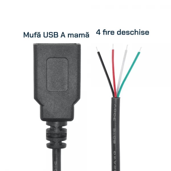 Cablu cu mufa USB A 2.0 mama la 4 fire deschise, 25 cm, negru - 1 | YEO