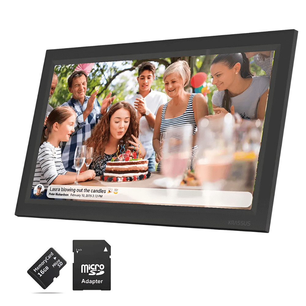 KRASSUS Rama foto digitala WiFi 15.6 inch cu touchscreen 1920x1080 FHD, control prin aplicatie Frameo, slot USB/ card SD/ MMC, poze si video, 32 GB + Card microSD 16GB, negru