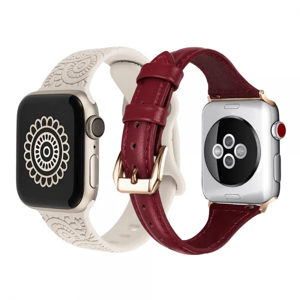 Set 2 curele Apple Watch 3 / 4 / 5 / 6 / 7 / 8 / SE series 38 / 40 / 41 mm, model gravat, silicon, piele, crem, visiniu