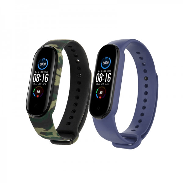 Set 2 curele din silicon pentru bratara smart Xiaomi Mi Band 5 / Band 6, verde camuflaj, albastru