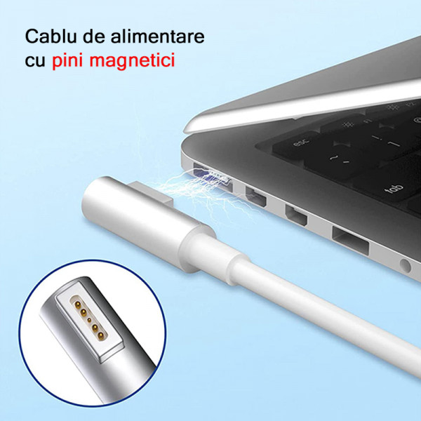 Set incarcator adaptor 60W si cablu alimentare magnetic in L tip Magsafe 1 pentru Macbook,2m - 2 | YEO