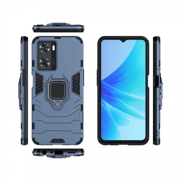 Set protectie 2 in 1 pentru Oppo A57s (4G) cu husa hybrid antisoc cu stand inel si folie sticla ceramica fullsize si breloc cadou, dark blue - 3 | YEO