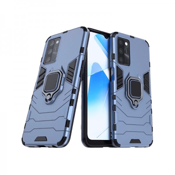 Set protectie 3 in 1 pentru Oppo A16 (4G) cu husa hybrid antisoc cu stand inel, folie sticla ceramica fullsize, 2 folii sticla pentru camera si breloc cadou, dark blue - 1 | YEO