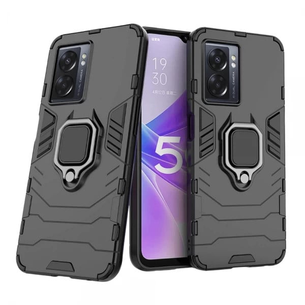 Set protectie 3 in 1 pentru Oppo A77 (5G) cu husa hybrid antisoc cu stand inel, folie sticla ceramica fullsize, folie sticla pentru camera si breloc cadou, negru - 2 | YEO