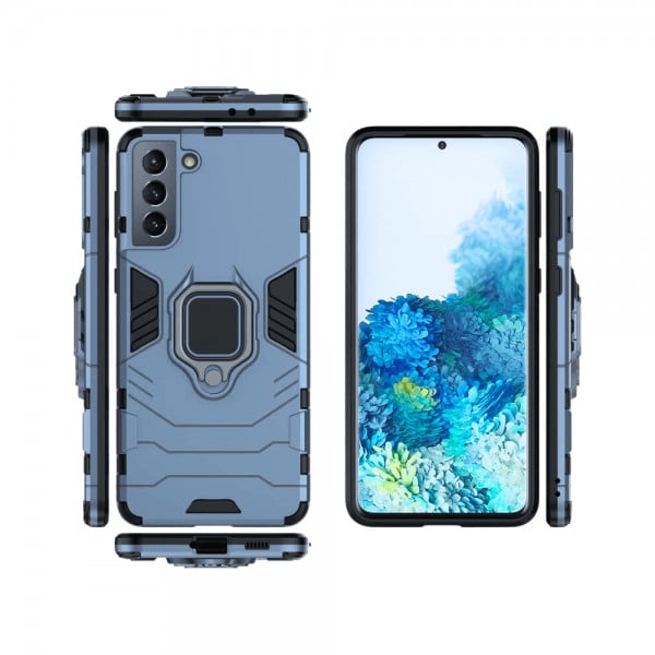 Set protectie 3 in 1 pentru Samsung S21 Plus 5G cu husa hybrid antisoc cu stand inel, folie sticla ceramica fullsize, 2 folii sticla pentru camera si breloc cadou, dark blue - 3 | YEO