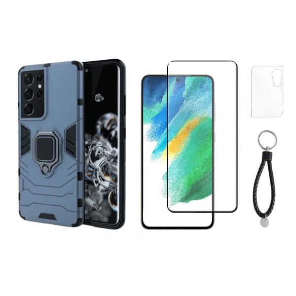 Set protectie 3 in 1 pentru Samsung S21 Ultra 5G cu husa hybrid antisoc cu stand inel, folie sticla ceramica fullsize, 2 folii sticla pentru camera si breloc cadou, dark blue