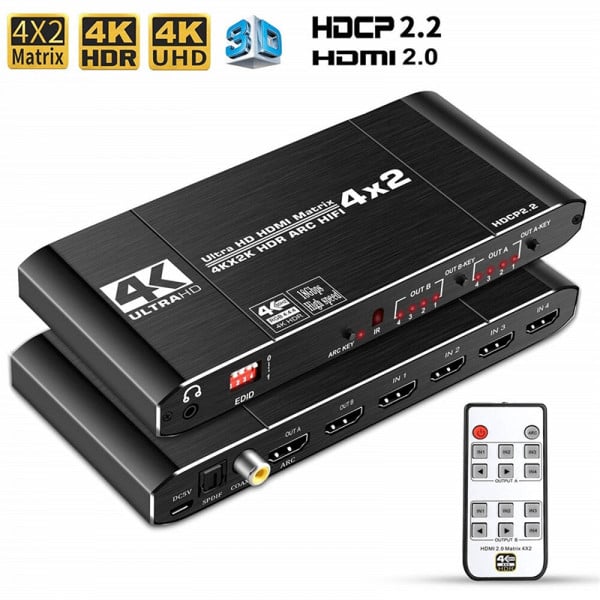 Switch HDMI 2.0b HDCP 2.2 MATRIX 4K 60Hz, 4in 2out, extractor Audio Optical SPDIF , Jack 3.5mm, Coaxial, EDID si ARC, telecomanda IR - 1 | YEO