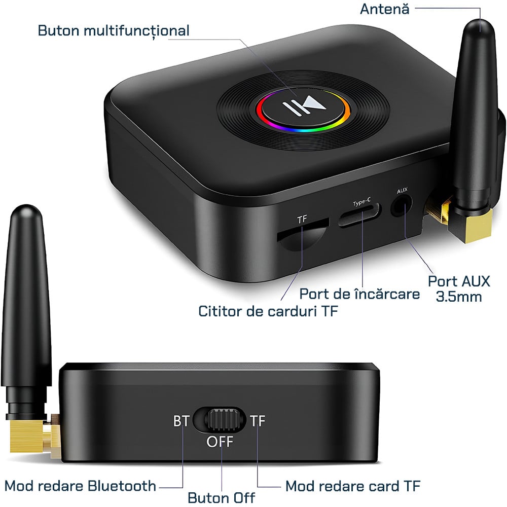 Adaptor Bluetooth 5.1, Krassus, receiver audio cu port AUX 3.5 mm, port Type-C, cititor de carduri TF, pentru sistem audio, masina - 2 | YEO