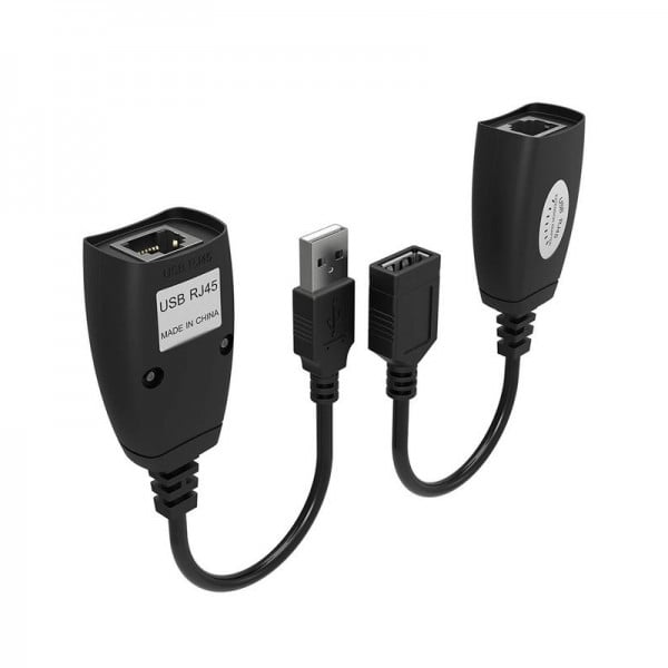 Cablu adaptor extender USB tata-RJ45 mama, USB mama-RJ45 mama, bidirectionale, pentru extinderea semnalului USB prin Cat5/ Cat6, 20cm, negru - 2 | YEO