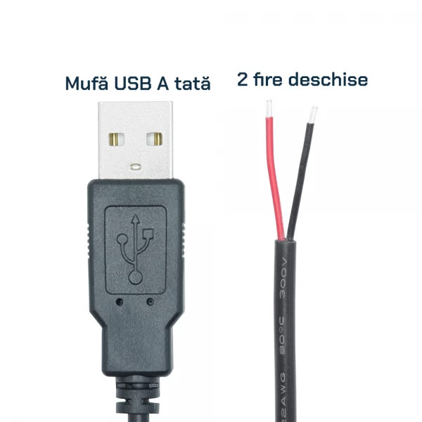 Cablu cu mufa USB A 2.0 tata la 2 fire deschise, 25 cm, negru - 1 | YEO