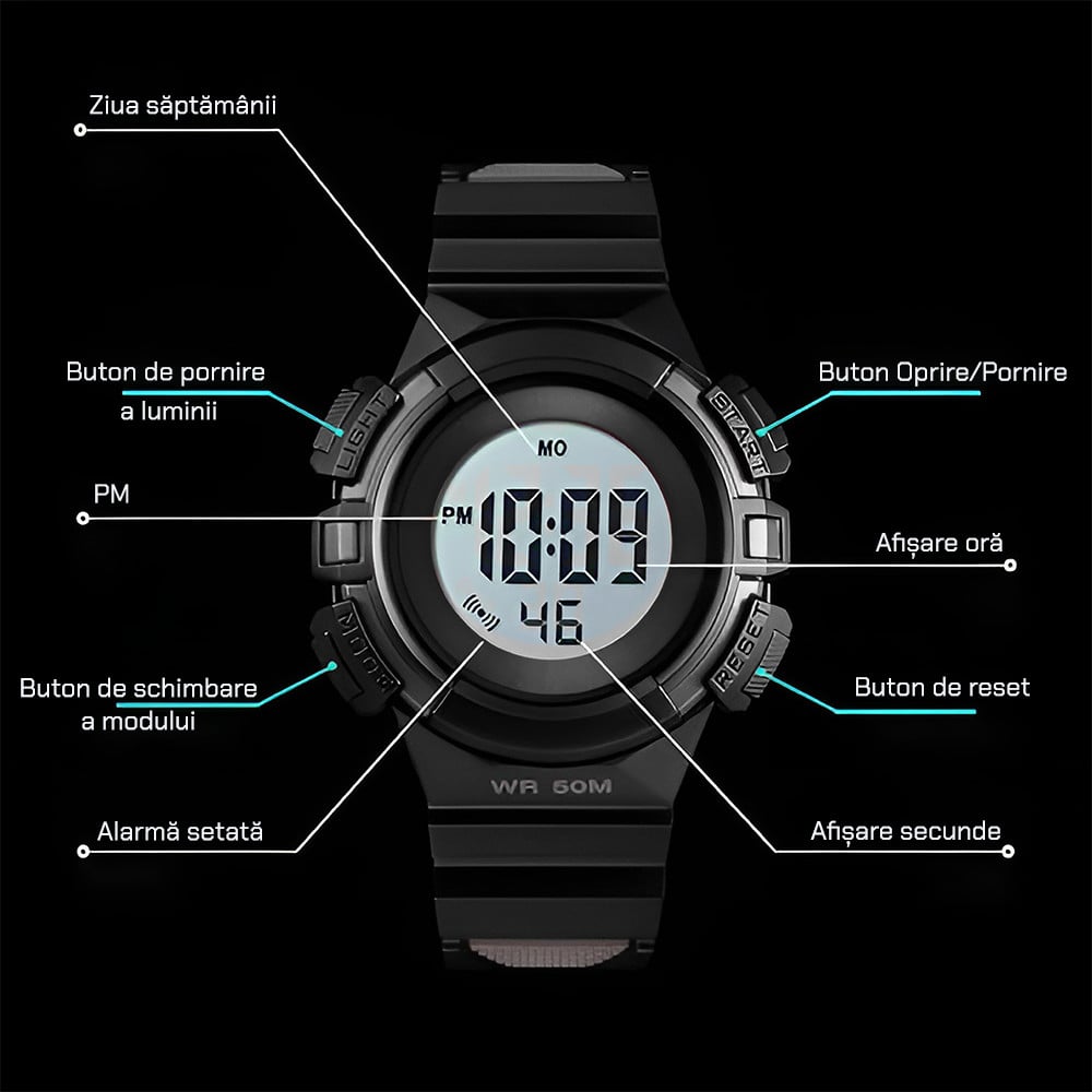 Ceas de copii sport SKMEI 1485 waterproof 5ATM cu alarma, cronometru, data si iluminare ecran, negru - 3 | YEO