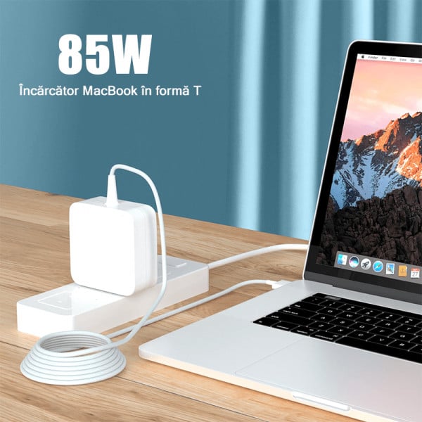 Incarcator adaptor 85W pentru Macbook in forma T, cablu alimentare magnetic si mufa MagSafe 2, 1.8 m + 2 protectii de cablu cadou, alb - 1 | YEO