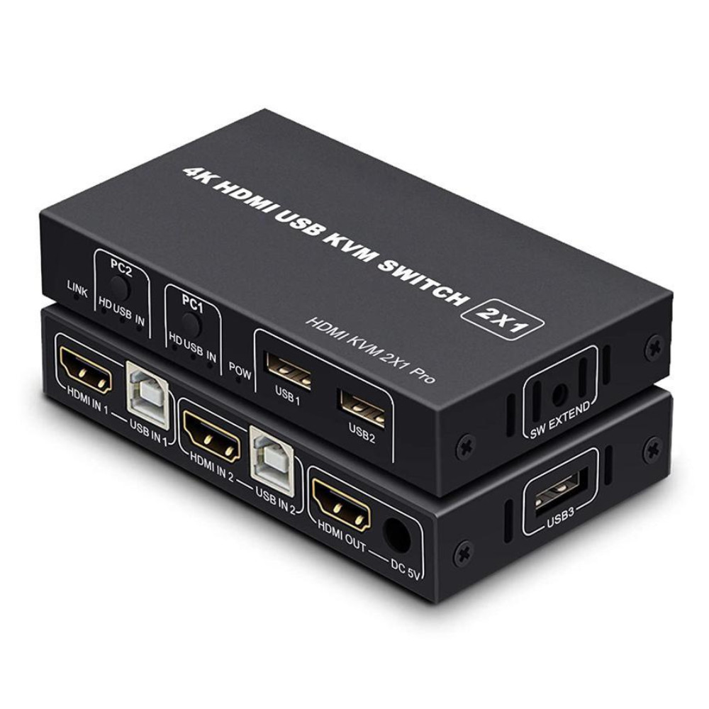 Switch KVM HDMI, Comutator USB 4K@60Hz cu 2 intrari 1 iesire HDMI 2.0 si 3 porturi USB, Negru