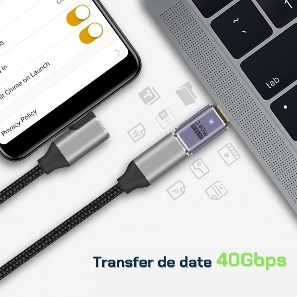 Adaptor USB C mama la USB Type-C tata, 240W, 40Gbps, audio/video, gri - 2 | YEO