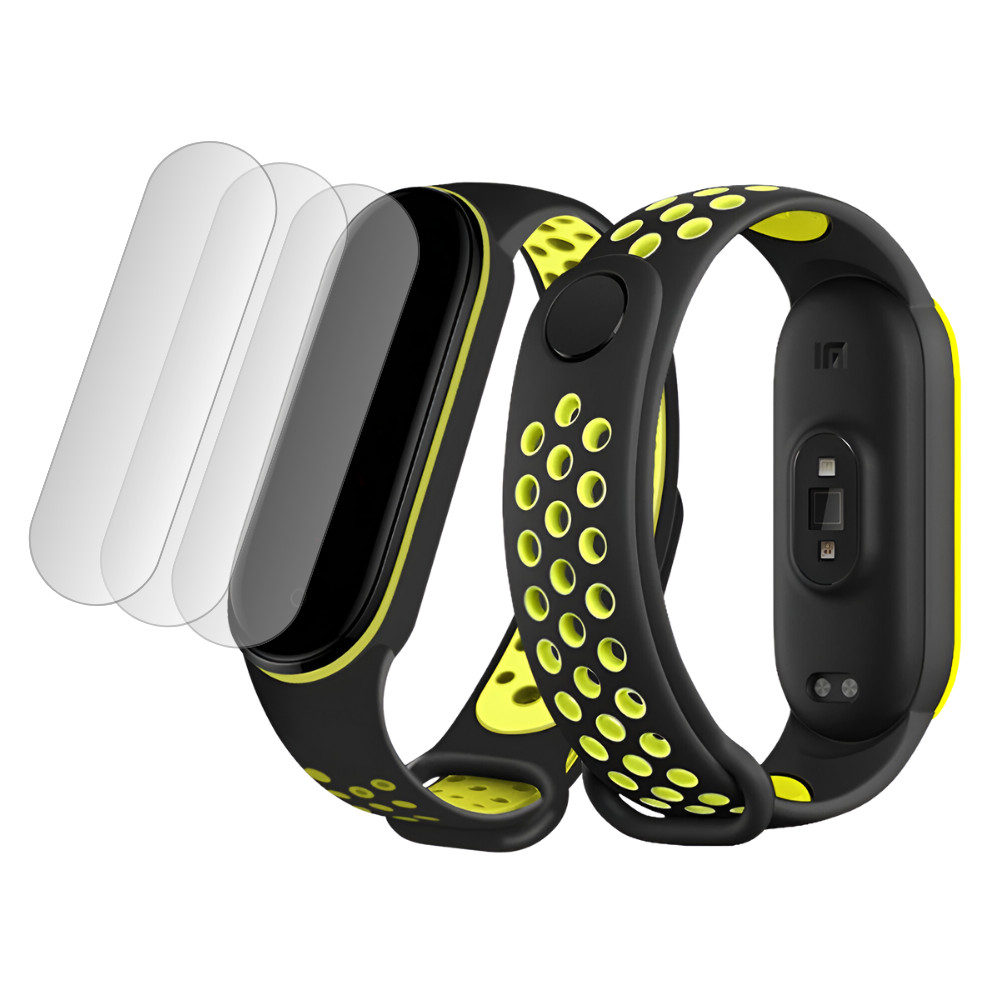 Bermek Curea Xiaomi Mi Band 4/ Mi band 3 din silicon + Set 3x Folie Protectie, negru-verde