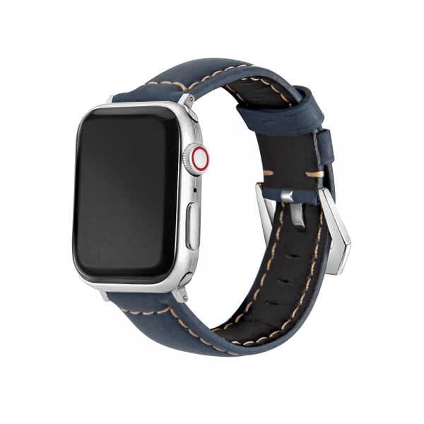 Curea Apple Watch Ultra/ 3 / 4 / 5 / 6 / 7 / 8 / SE series 42 / 44 / 45 / 49 mm, piele, albastru, cusatura alb