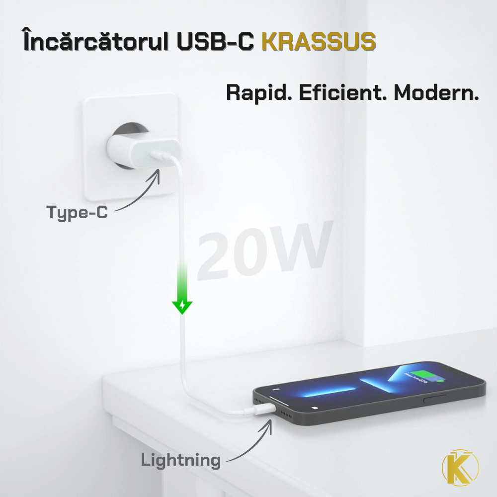 KRASSUS Incarcator compatibil iPhone 14/ 13/ 12/ 11, iPad, AirPods, Type-C 20W, Cablu USB C - Lightning, 2m, Fast Charge, alb - 1 | YEO