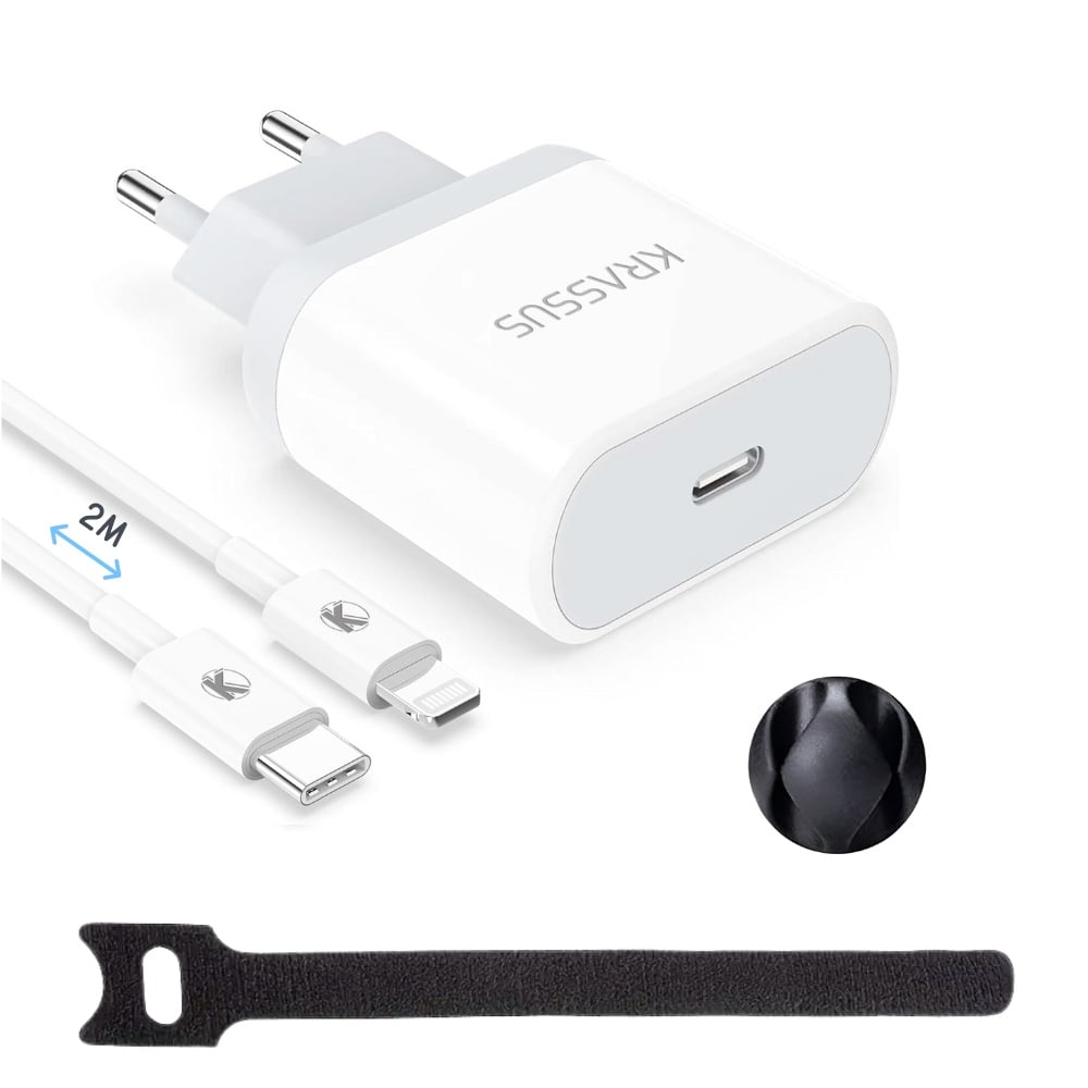 KRASSUS Incarcator compatibil iPhone 14/ 13/ 12/ 11, iPad, AirPods, Type-C 20W, Cablu USB C - Lightning, 2m, Fast Charge, alb