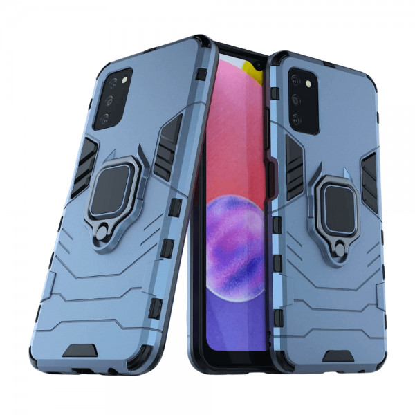 Set protectie 3 in 1 pentru Samsung Galaxy A03s (4G) cu husa hybrid antisoc cu stand inel, folie sticla ceramica fullsize, 2 folii sticla pentru camera si breloc cadou, dark blue - 1 | YEO