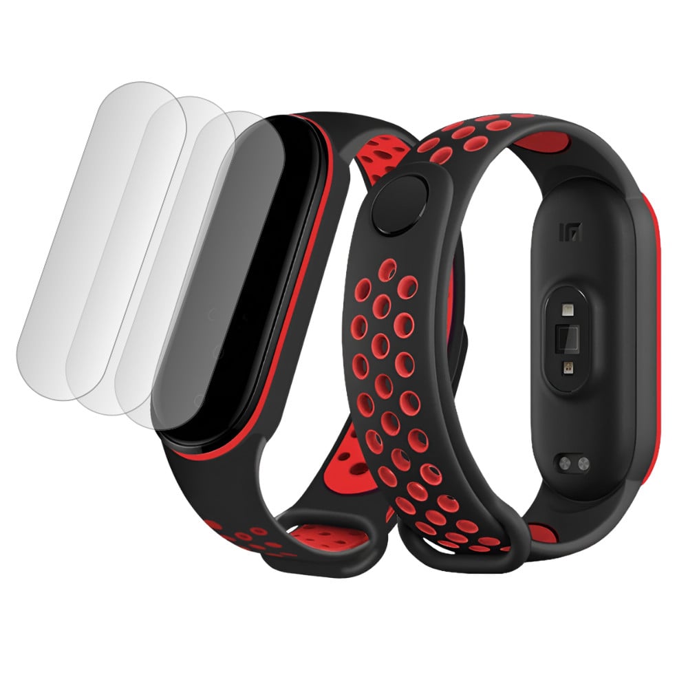 Bermek Curea Xiaomi Mi Band 4/ Mi band 3 din silicon + Set 3x Folie Protectie, negru-rosu