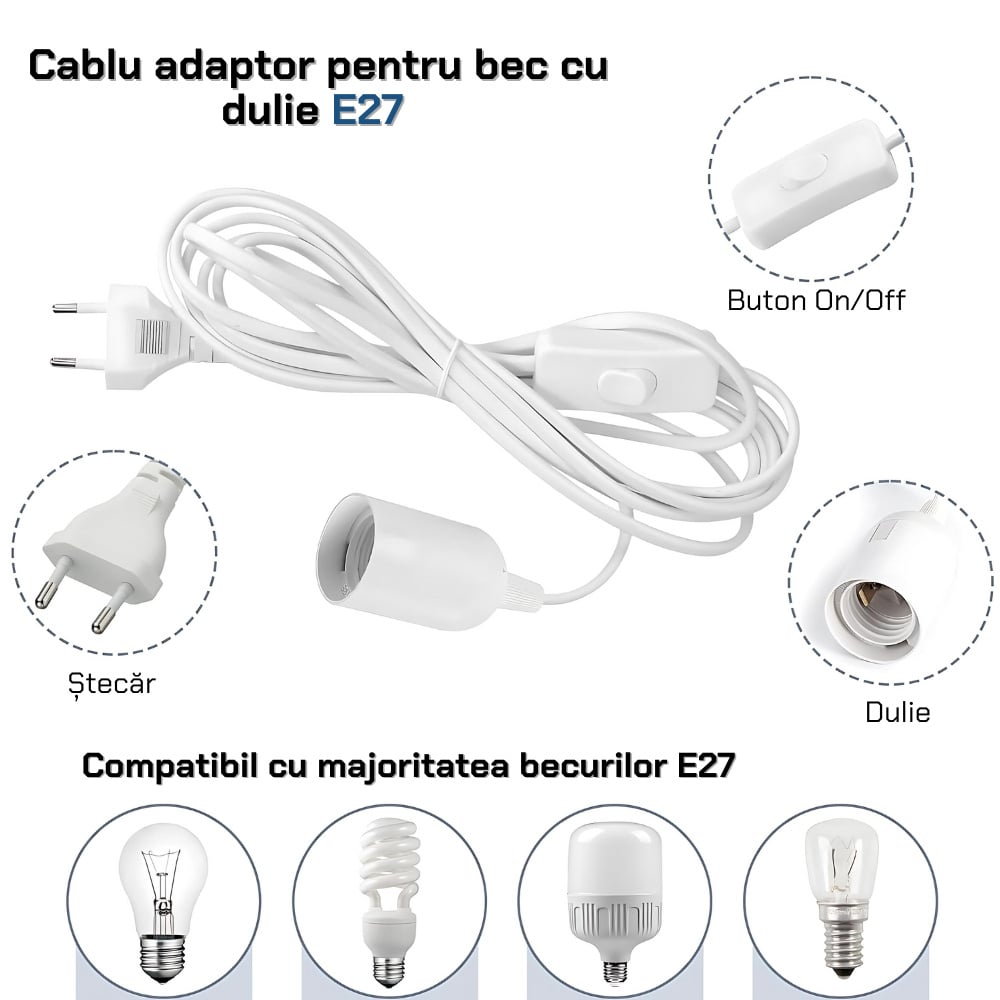 Cablu adaptor 1.8m pentru bec cu dulie fasung E27 la stecher plat 220V cu intrerupator on/off , alb - 3 | YEO