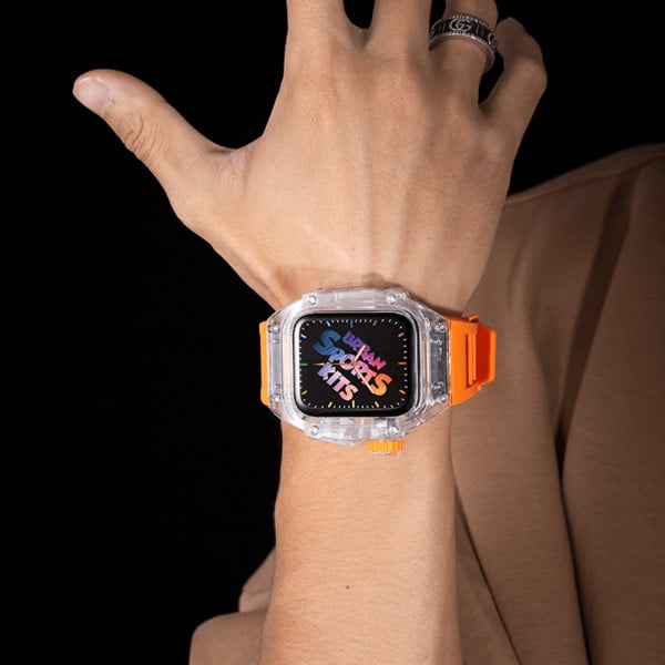 Curea din silicon pentru Apple Watch 7/ Apple Watch 8 de 45mm cu carcasa transparenta, portocaliu - 3 | YEO