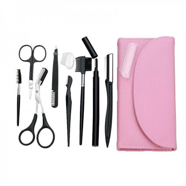 Kit de ingrijire a sprancenelor, Focstar, 8 piese, lame, creion, perie, foarfece penseta si pouch roz