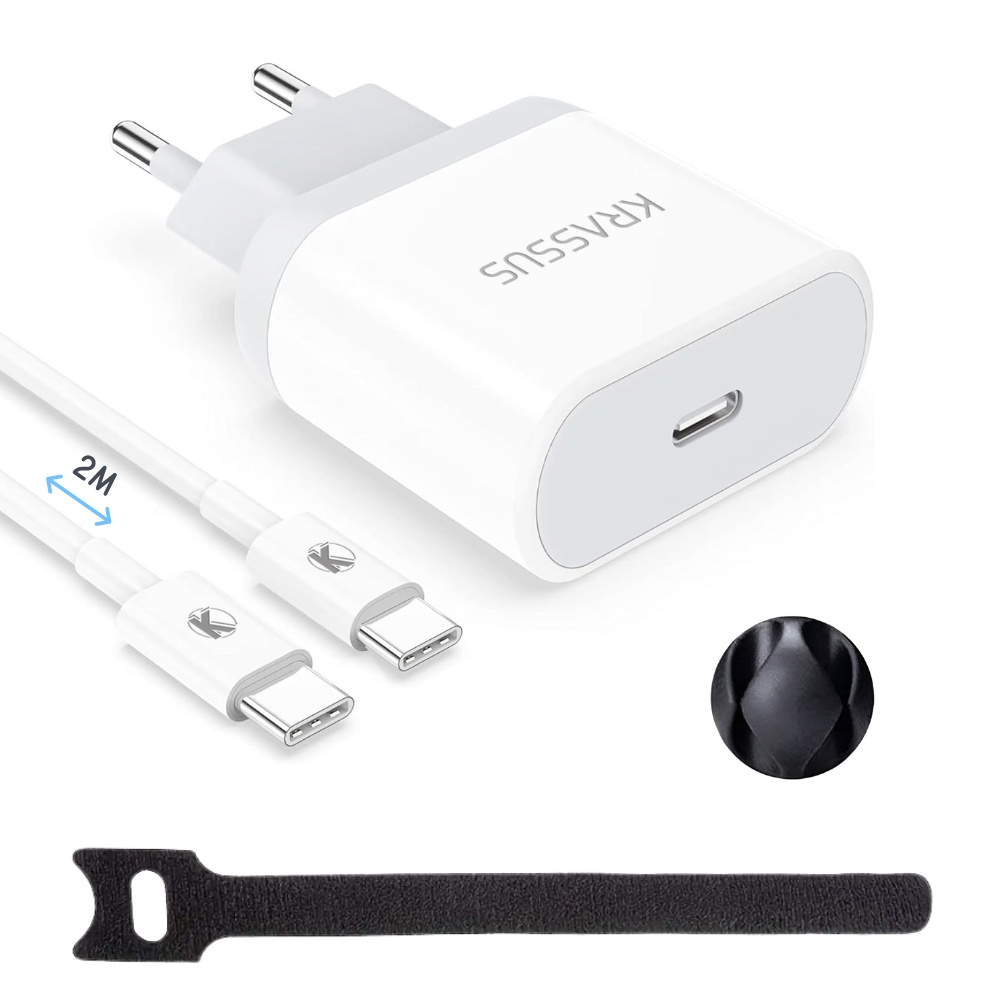 KRASSUS Incarcator Type-C 20W si Cablu USB C - USB C, 2m, Fast Charge - Compatibil cu Samsung, iPhone 15/ 15 Pro/ 15 Pro Max, Huawei, alb