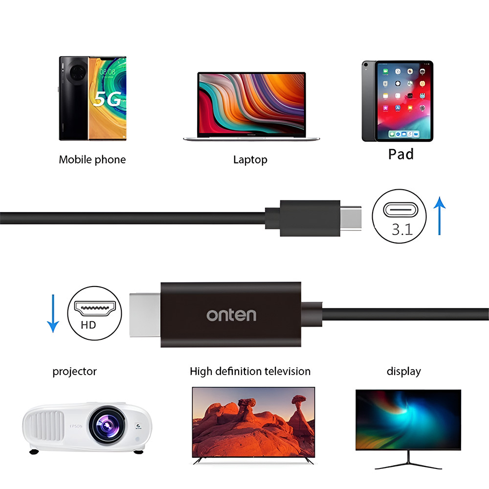 ONTEN Cablu USB C - HDMI, adaptor USB Type-C 3.1 la HDMI 4K@30Hz, cu cablu de incarcare USB, compatibil cu MacBook, iMac, Samsung, HP, ASUS, Huawei, audio/ video, negru - 1 | YEO