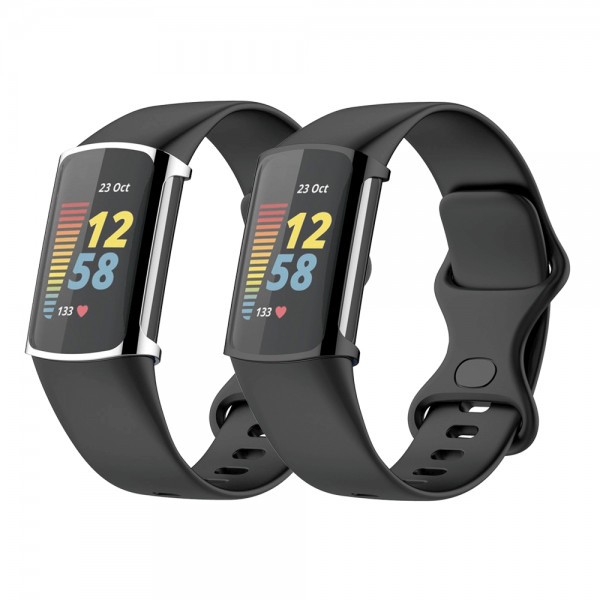 Set 2 huse din silicon pentru Fitbit Charge 5 cu rama si ecran de protectie, negru, argintiu