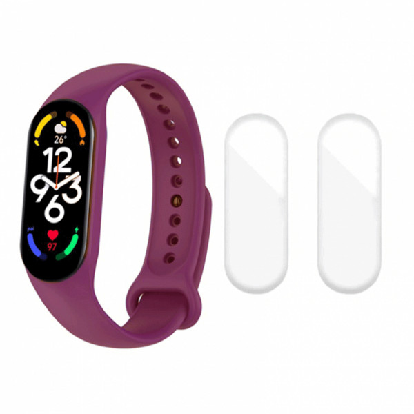 Set curea smartwatch pentru Mi Band 7 si 2 folii protectie ecran transparente din hidrogel rezistent la zgarieturi, bratara din silicon, mov