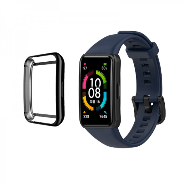 Set Curea tip sport pentru bratara fitness Huawei Band 6 / Huawei Honor Band 6 din silicon, albastru inchis + carcasa protectie, rezistenta la socuri si zgarieturi, negru