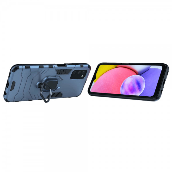 Set protectie 3 in 1 pentru Samsung Galaxy A03s (4G) cu husa hybrid antisoc cu stand inel, folie sticla ceramica fullsize, 2 folii sticla pentru camera si breloc cadou, dark blue - 2 | YEO