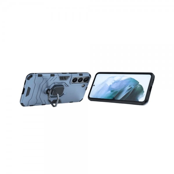 Set protectie 3 in 1 pentru Samsung S21 FE 5G cu husa hybrid antisoc cu stand inel, folie sticla ceramica fullsize, 2 folii sticla pentru camera si breloc cadou, dark blue - 2 | YEO