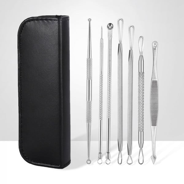 Trusa 7 instrumentre Focstar, din inox, pentru cosmetica, extractia comedoanelor si a punctelor negre, plus pouch cu fermoar, negru - 1 | YEO