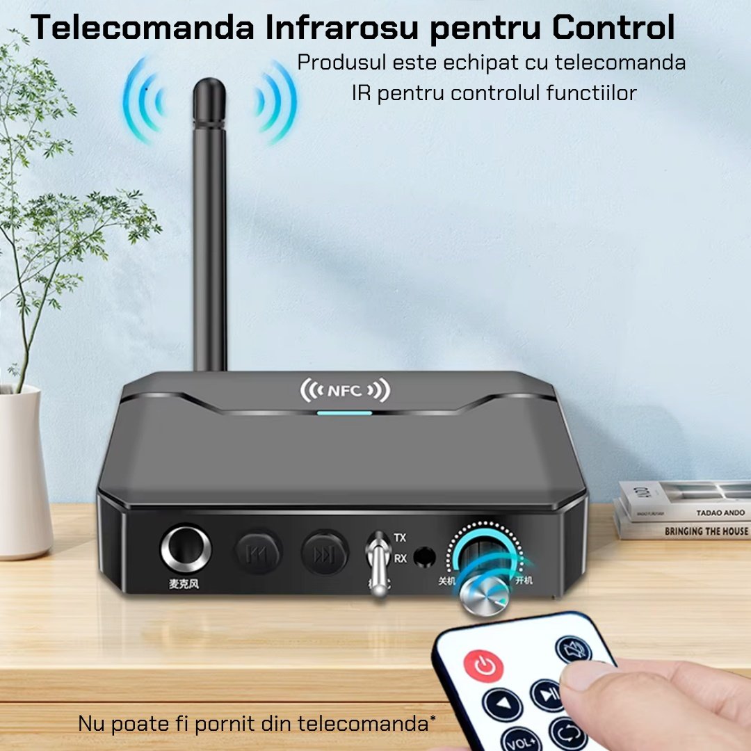 Adaptor transmițător / receptor Krassus KT300 cu Bluetooth 5.3 si NFC, decodare DSP pentru sunet HiFi stereo, microfon , RCA, AUX, compatibil cu TV, PC, Auto și sisteme audio - 1 | YEO