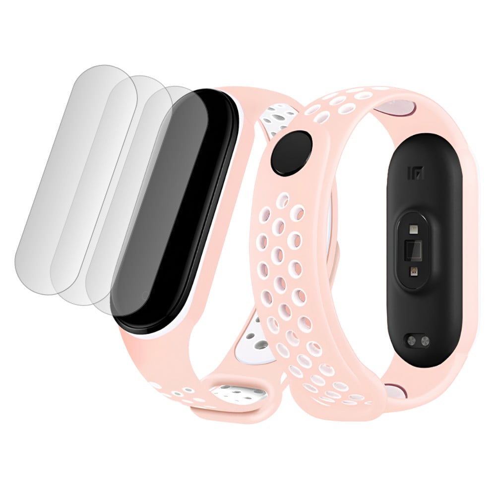 Bermek Curea Xiaomi Mi Band 4/ Mi band 3 din silicon + Set 3x Folie Protectie, alb-roz