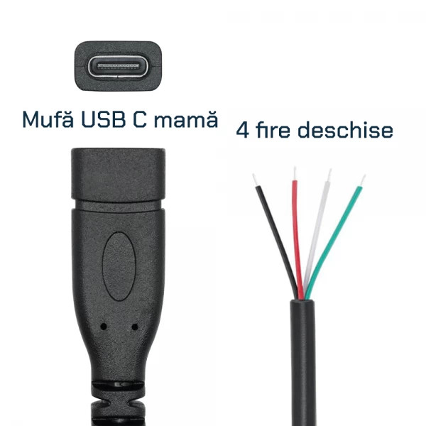 Cablu cu mufa USB 2.0 Type-C mama la 4 fire deschise, 25 cm, negru - 1 | YEO