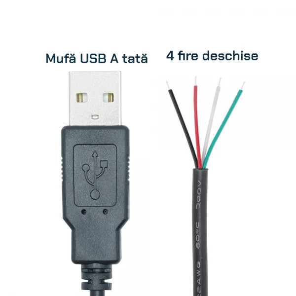 Cablu cu mufa USB A 2.0 tata la 4 fire deschise, 25 cm, negru - 1 | YEO