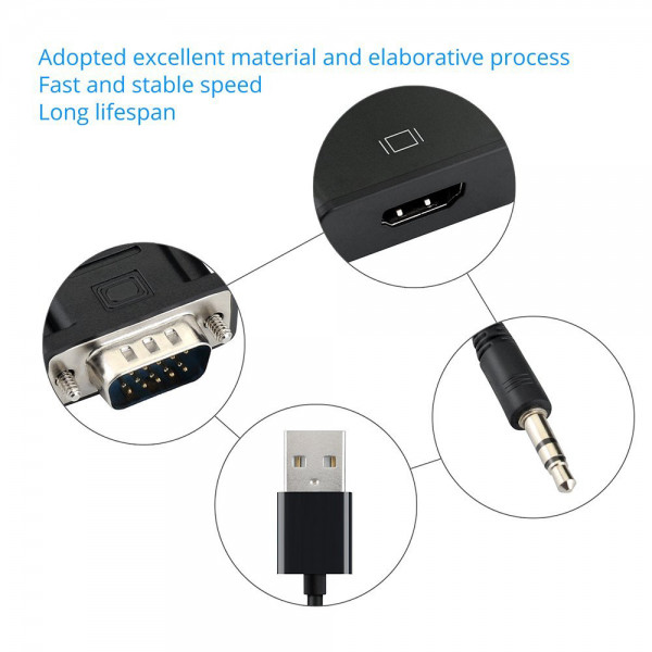 Convertor adaptor VGA tata la Hdmi mama cu audio si cablu micro usb, negru - 3 | YEO