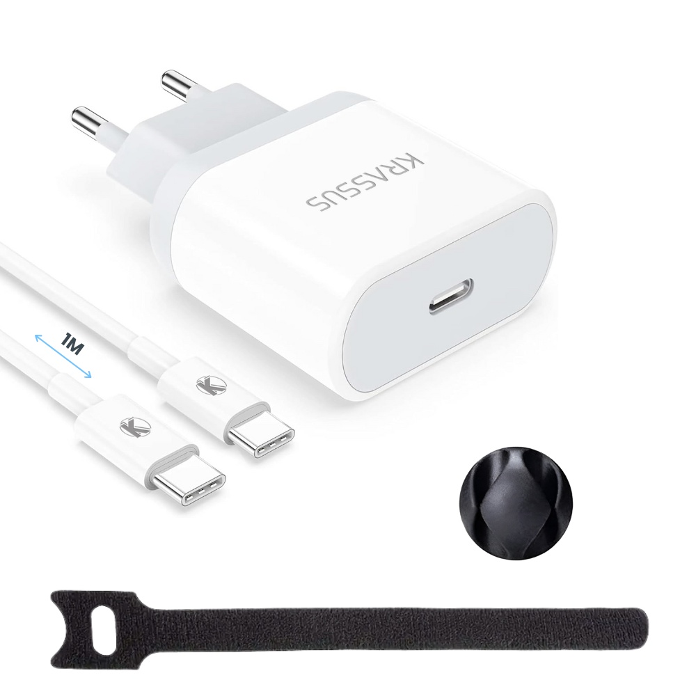 KRASSUS Incarcator Type-C 20W si Cablu USB C - USB C, 1m, Fast Charge - Compatibil cu Samsung, iPhone 15/ 15 Pro/ 15 Pro Max, Huawei, alb