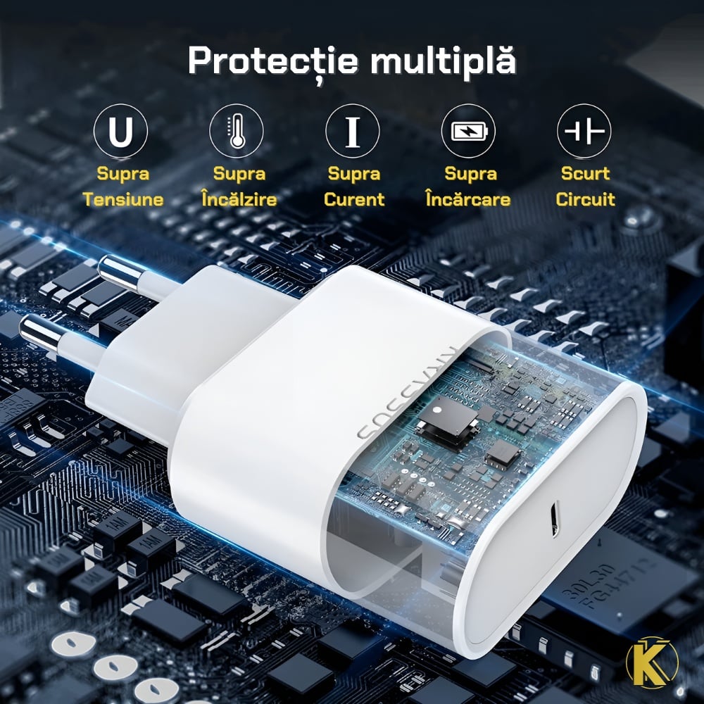 Krassus , Incarcator Type-C 20W si cablu USB Type-C- Lightning PD incarcare/ date 1metru, alb - 2 | YEO