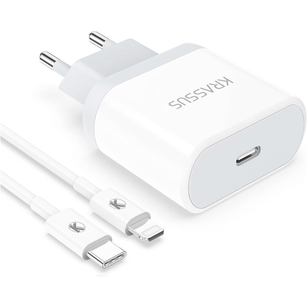 Krassus , Incarcator Type-C 20W si cablu USB Type-C- Lightning PD incarcare/ date 1metru, alb