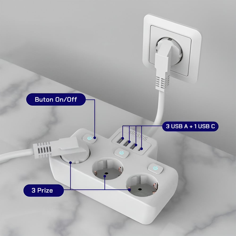 KRASSUS Prelungitor/ Priza, 250V, 16A, 3680W, 3 prize standard, 3 x USB A, 1 x USB C, protectie copii, buton On/Off, 5cm, alb - gri - 2 | YEO