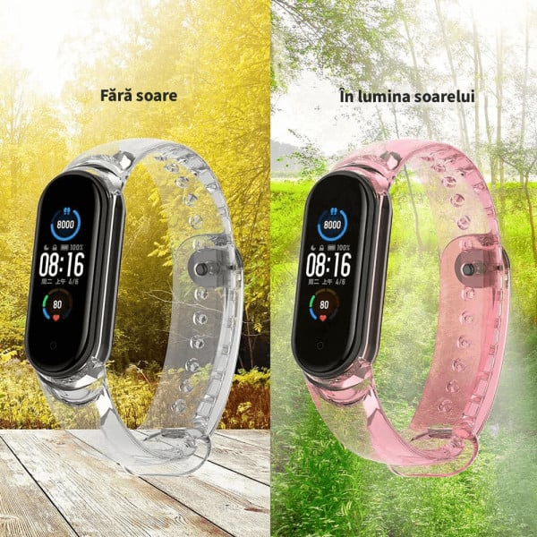 Set 2 curele pentru bratara smartwatch Xiaomi Mi Band 7, silicon, culoare foto-sensibila, transparent, transparent - roz - 3 | YEO